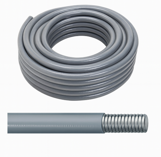 1-inch Metallic Seal Tight UL Listed conduit in 100-foot roll, gray color, indoor/outdoor rated, resistant to corrosion, abrasion, oil, and water.